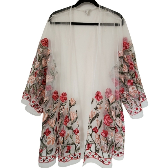 Sheer Floral Embroidered Mesh Kimono White (22/24W) - Picture 3 of 6